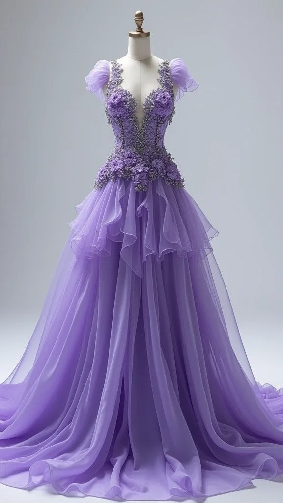 Chic Purple Prom Dress Sweetheart Beaded Tulle A-Line Evening Dress DP05110