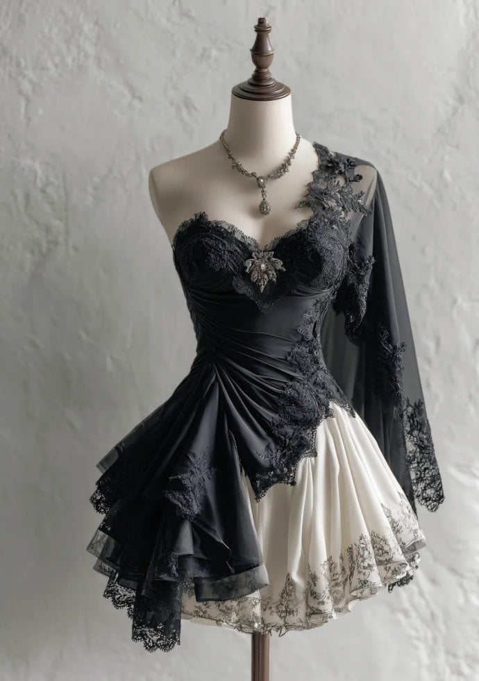 Cute Black Prom Dress Lace  A-Line Party Dress Short Birthday Dress DP05120