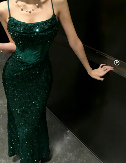 Chic Burgundy Prom Dress Sequins Sheath Spaghetti Straps Evening Dress Sleeveless Birthday Dress DP05222