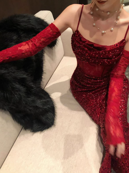 Chic Burgundy Prom Dress Sequins Sheath Spaghetti Straps Evening Dress Sleeveless Birthday Dress DP05222