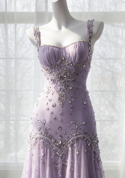 Classy Purple Prom Dress Beaded Tulle Straps Sheath Evening Dress Sleeveless Birthday Dress DP05231
