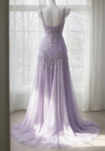 Classy Purple Prom Dress Beaded Tulle Straps Sheath Evening Dress Sleeveless Birthday Dress DP05231