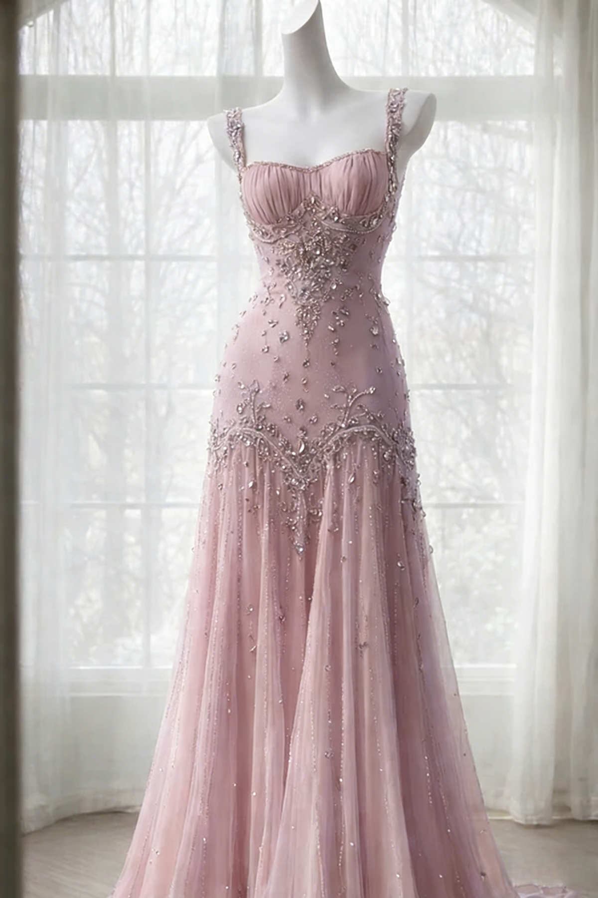 Classy Purple Prom Dress Beaded Tulle Straps Sheath Evening Dress Sleeveless Birthday Dress DP05231