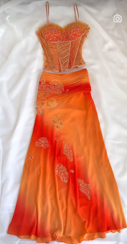 Orange Ombre Straps Two Pieces Sheath Chiffon Long Party Dresses, HZ0319