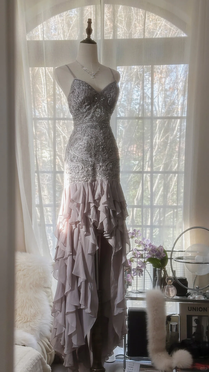 Light Lilac Straps Mermaid Beading Ruffles Long Evening Dress Birthday Outfits, HZ0319