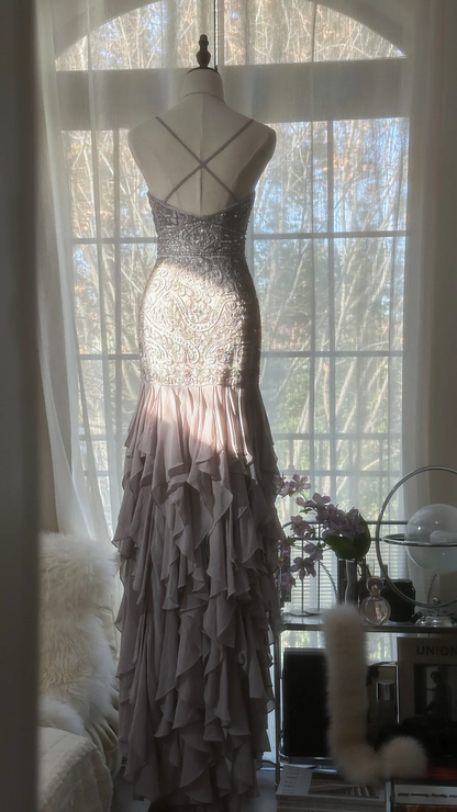 Light Lilac Straps Mermaid Beading Ruffles Long Evening Dress Birthday Outfits, HZ0319