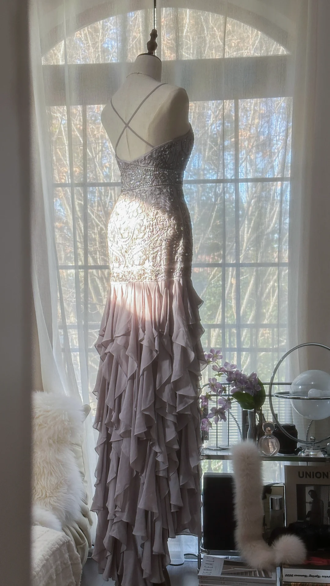 Light Lilac Straps Mermaid Beading Ruffles Long Evening Dress Birthday Outfits, HZ0319