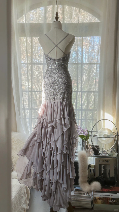 Light Lilac Straps Mermaid Beading Ruffles Long Evening Dress Birthday Outfits, HZ0319