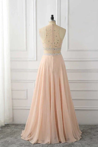 A Line Sleeveless Rhinestone Chiffon Long Prom Dress Floor Length Sparkly