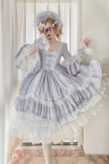 Light Purple Satin Square Neck Long Sleeve Tiered Ballgown Rococo-style Lace Bow Tea Party·Retro Party Dress gh6739