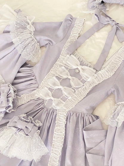 Light Purple Satin Square Neck Long Sleeve Tiered Ballgown Rococo-style Lace Bow Tea Party·Retro Party Dress gh6739