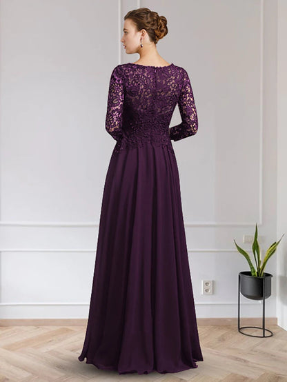A-Line Mother of the Bride Dress Elegant V Neck Floor Length Chiffon Lace Long Sleeve with Appliques Beautiful