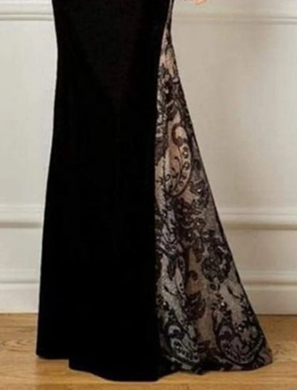 Mermaid / Trumpet Mother of the Bride Dress Wedding Guest Elegant Black Dress Party Jewel Neck Floor Length Lace Velvet Long Sleeve No with Appliques Color Block