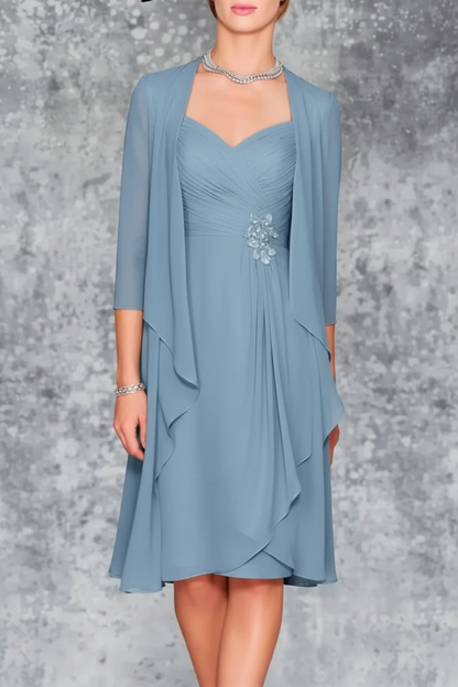 3/4 Sleeves Knee Length Ruffle Chiffon Mother of the Bride Outfits with Lace