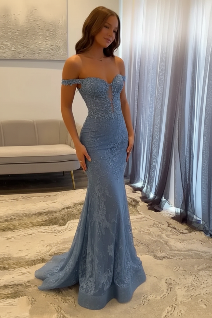 Off-the-Shoulder Mermaid Evening Dress Lace Prom Dress Long