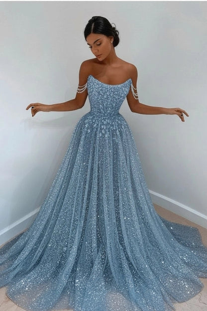 Sparkly Sky Blue Off-the-Shoulder Prom Dress Long with Sequins