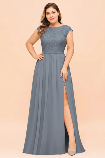 Plus Size Bridesmaid Dress Lace with Split Cap Sleeves Chiffon Wedding Guest Dress