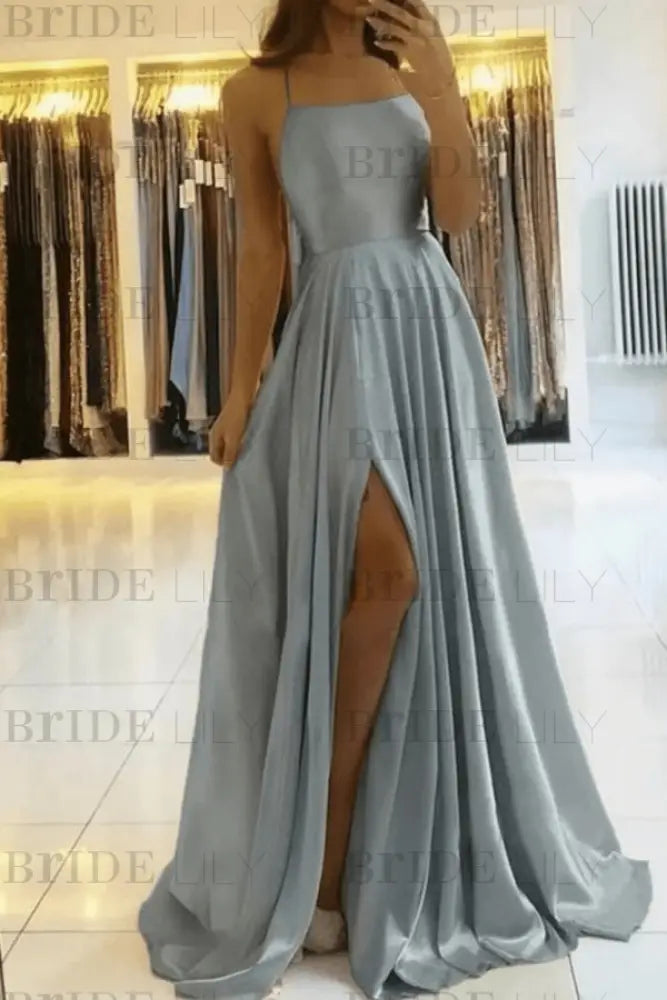 Simple Prom Dress Long With Spaghetti Straps Front Slit Satin Evening Dress