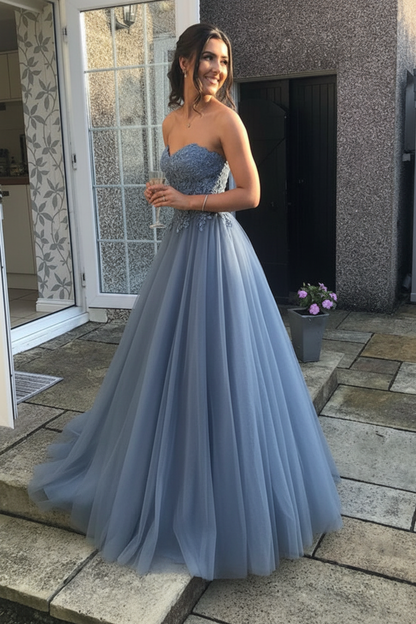 Sweetheart Open Back Pink Lace Long Prom Dresses Tulle Aline Formal Evening Dresses