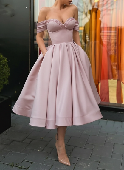 Off Shoulder Satin Tea Length Prom Dresses Sequins Pink Formal Graduation Evening Dresses