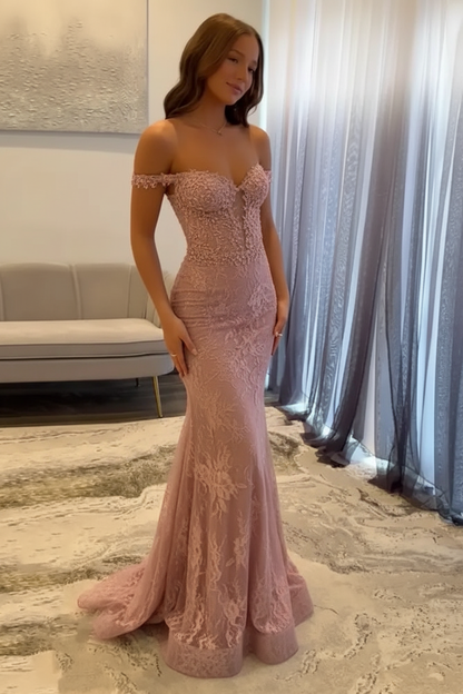 Off-the-Shoulder Mermaid Evening Dress Lace Prom Dress Long