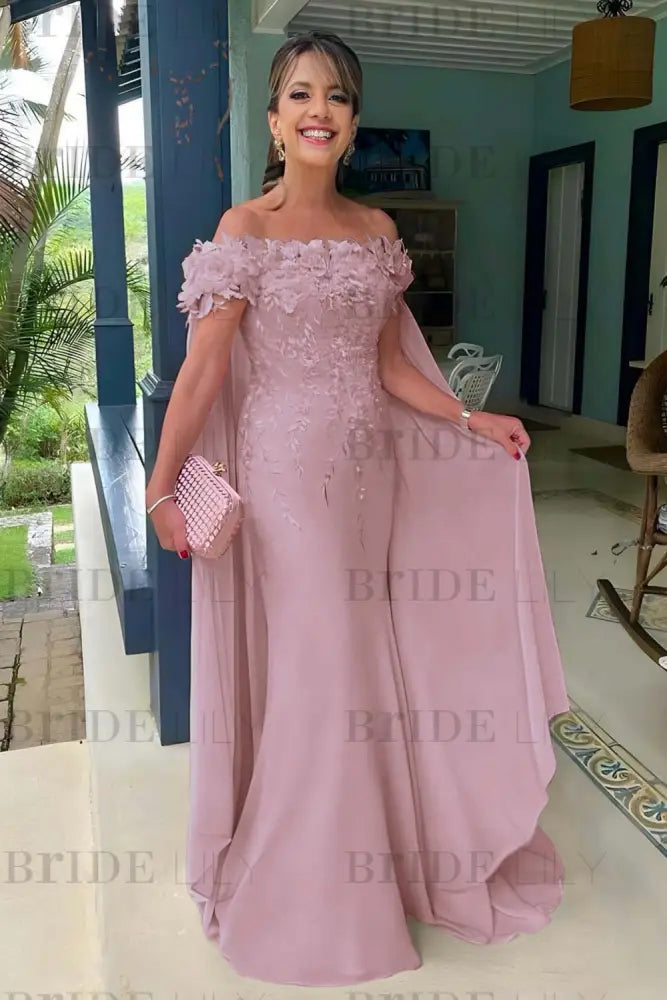 Off-The-Shoulder Mermaid Chiffon Wedding Guest Dresses Long with Appliques