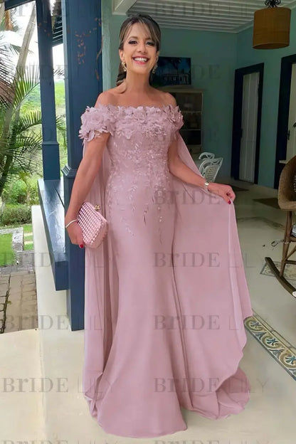 Off-The-Shoulder Mermaid Chiffon Wedding Guest Dresses Long with Appliques
