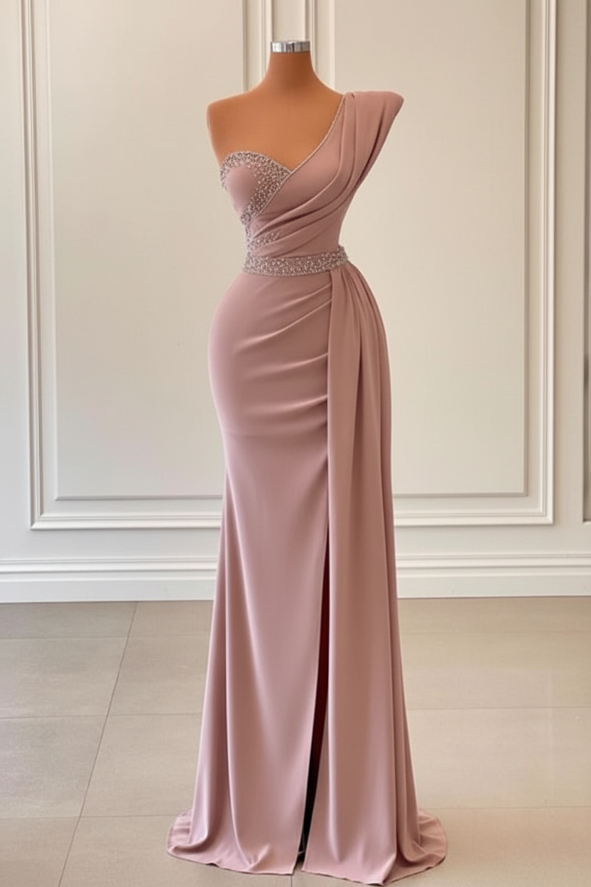 Sage One-Shoulder Split Mermaid Prom Dress With Beadings