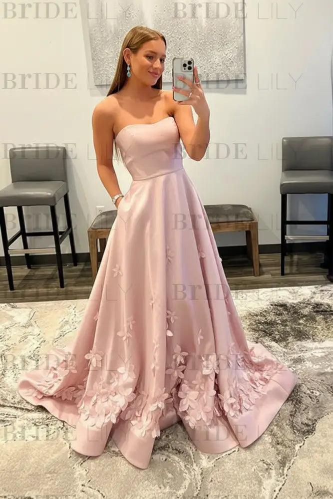 Strapless Light Blue Satin Prom Dresses 3D Flowers A-line Evening Dresses with Pocket