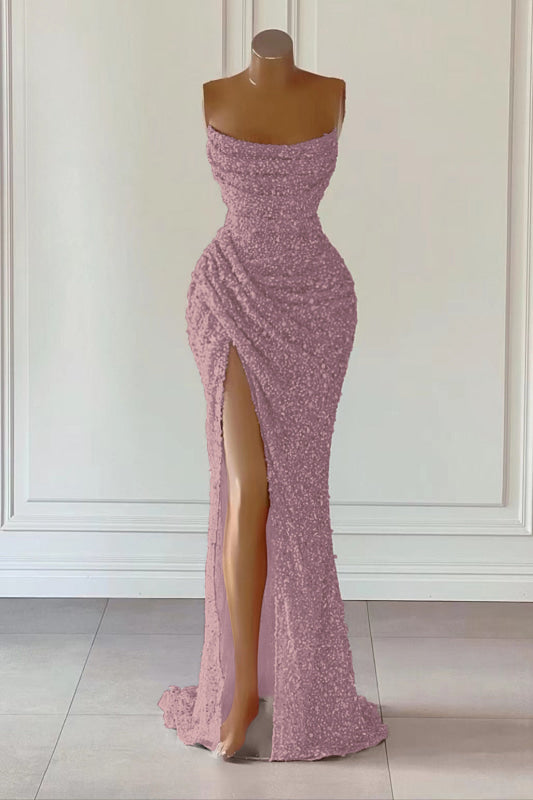 Dusty Pink Sequined Mermaid Prom Gown with Dramatic Slit Sleeveless
