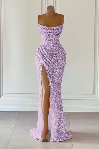 Dusty Pink Sequined Mermaid Prom Gown with Dramatic Slit Sleeveless