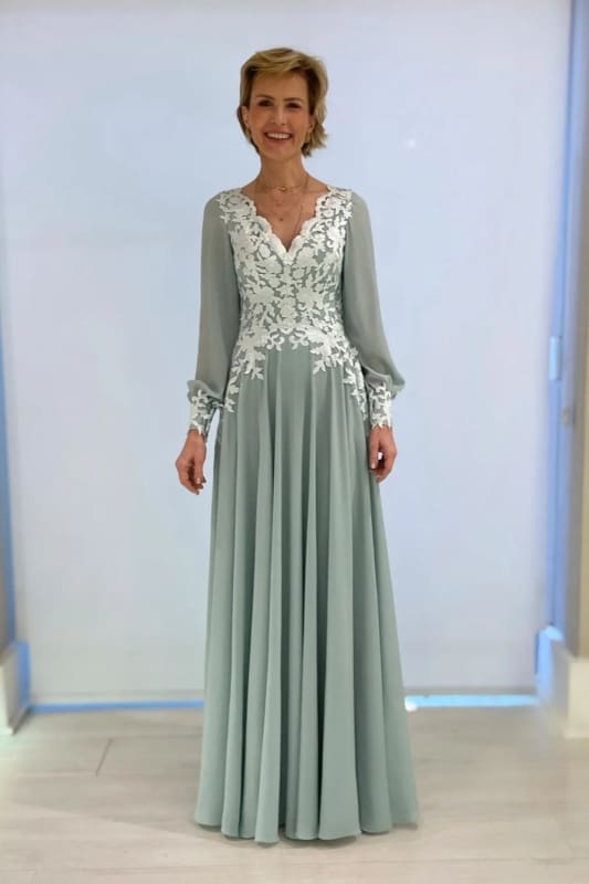 Dusty Sage Aline Chiffon Mother of the Bride Dress Long Sleeves with Appliques