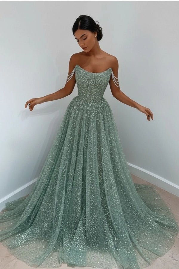 Sparkly Sky Blue Off-the-Shoulder Prom Dress Long with Sequins