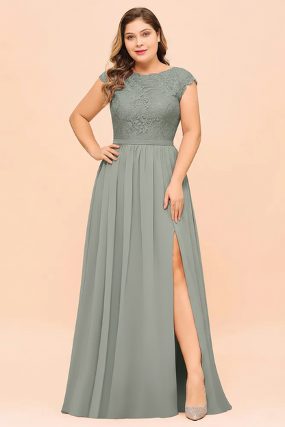Plus Size Bridesmaid Dress Lace with Split Cap Sleeves Chiffon Wedding Guest Dress