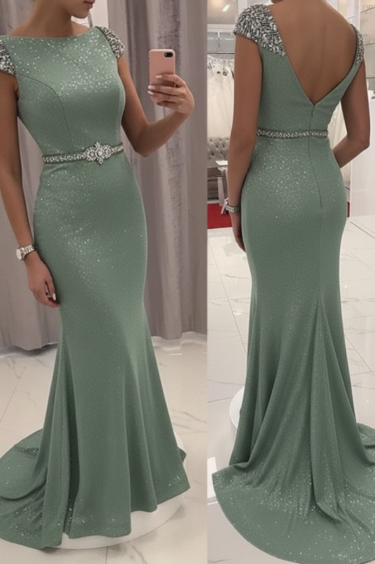 Navy Blue Sequined Fitted Cap Sleeve Mermaid Prom Dress Formal Gown