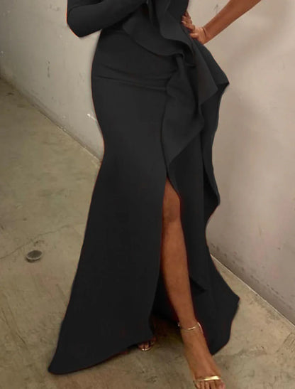 Mermaid / Trumpet Evening Gown Elegant Dress Formal Evening Floor Length Long Sleeve One Shoulder Fall Wedding Guest  Fabric with Ruffles Pure Color
