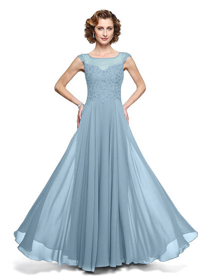 A-Line Mother of the Bride Dress Elegant Jewel Neck Ankle Length Chiffon Lace Sleeveless