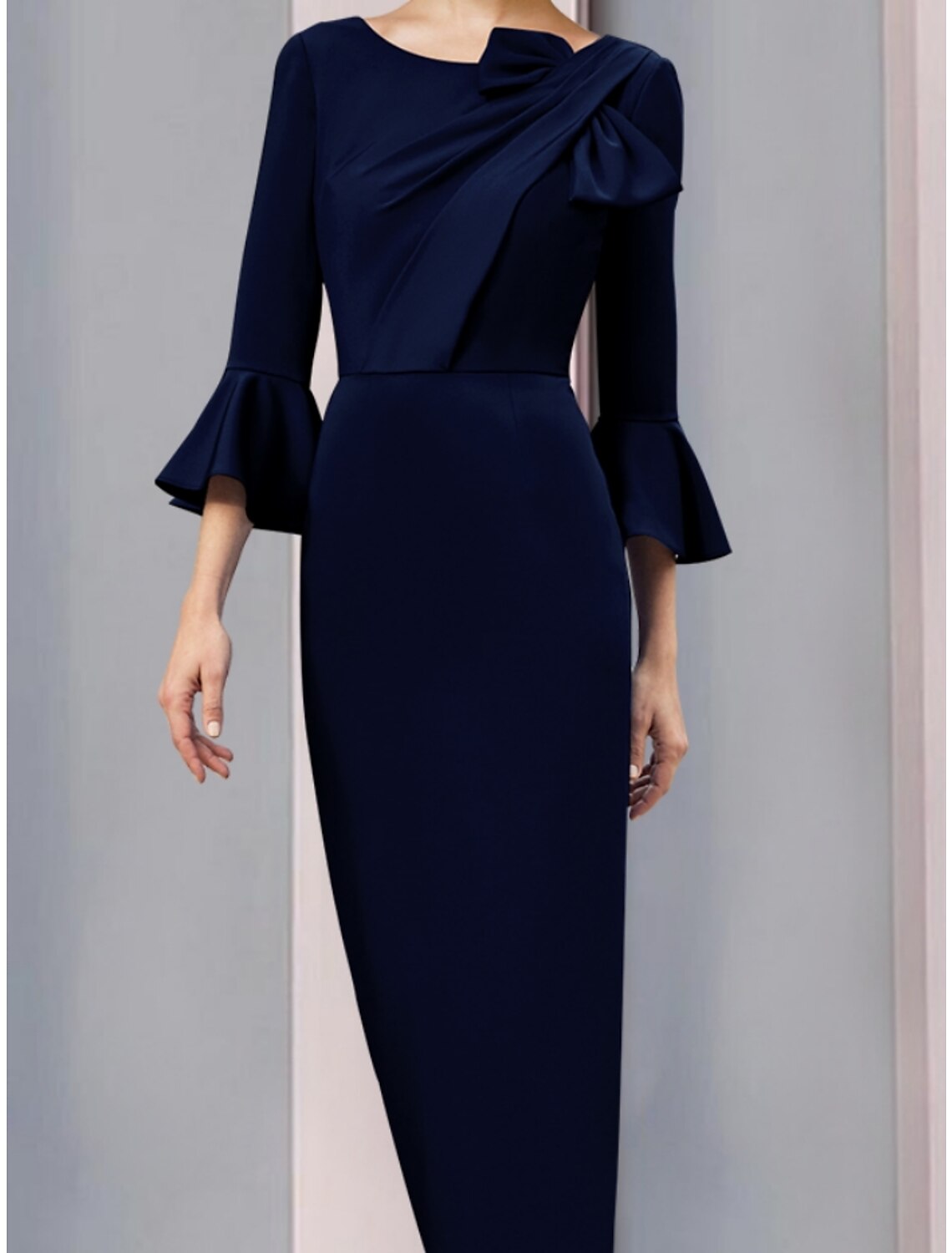 A-Line Mother of the Bride Dress Wedding Guest Elegant Scoop Neck Ankle Length Stretch Fabric 3/4 Length Sleeve with Bow(s) Ruching