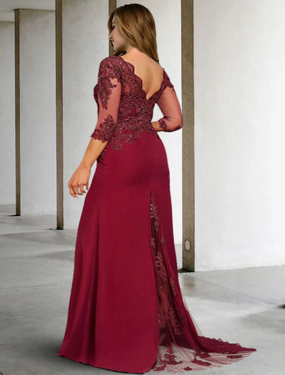 A-Line Plus Size Curve Mother of the Bride Dresses Elegant Dress Formal Wedding Guest Court Train 3/4 Length Sleeve V Neck Chiffon with Sequin Slit Appliques