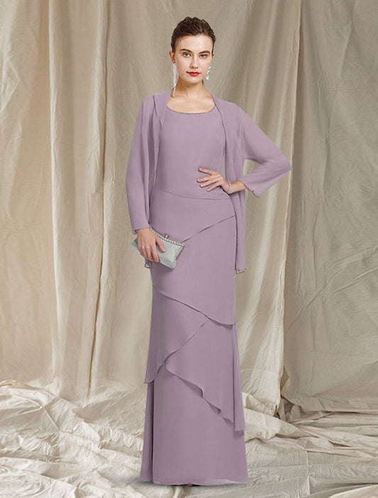 Aimishang  Two Piece Sheath / Column Mother of the Bride Dress Elegant Scoop Neck Floor Length Chiffon Sleeveless Wrap Included with Beading Cascading Ruffles