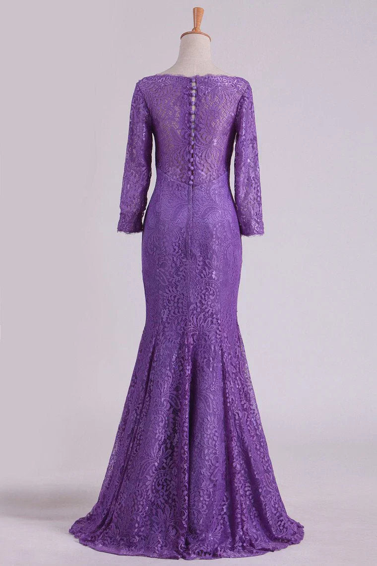 Mermaid V Neck 3/4 Length Sleeve Lace Floor Length Mother Of The Bride Dresses