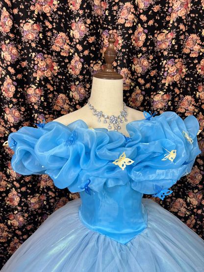 Retro Blue Off-the-shoulder A-Line Tulle Quinceanera Dresses Sweet 18 Birthday Ball Gowns, HZ0319