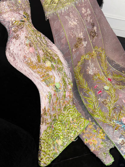 Gorgeous Sparkling Pink Beaded Applique Mermaid Design Exquisite Embroidery Evening Dress Prom Dresses HZ1024