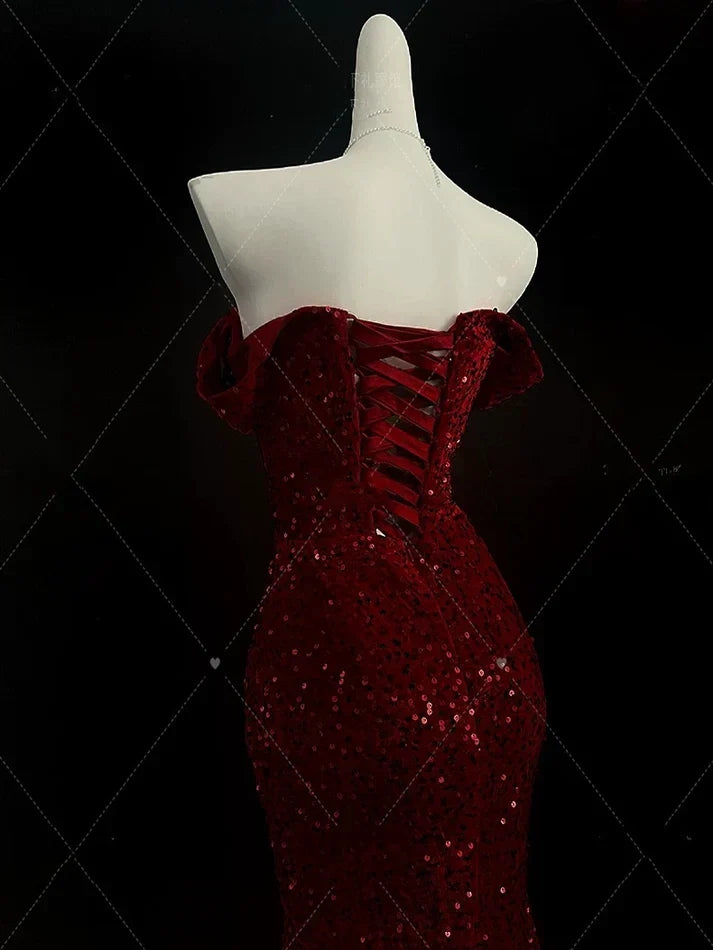 Enchanting Shiny Sequin Sweetheart Off-the-shoulder Mermaid Floor-length High Slit Prom Dress Evening Dress HZ1024