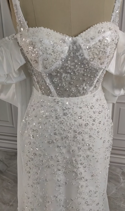 Gorgeous White Glittering Sequin Beaded Sweetheart A-Line Long Prom Dress Party Dress Evening Dress HZ1024