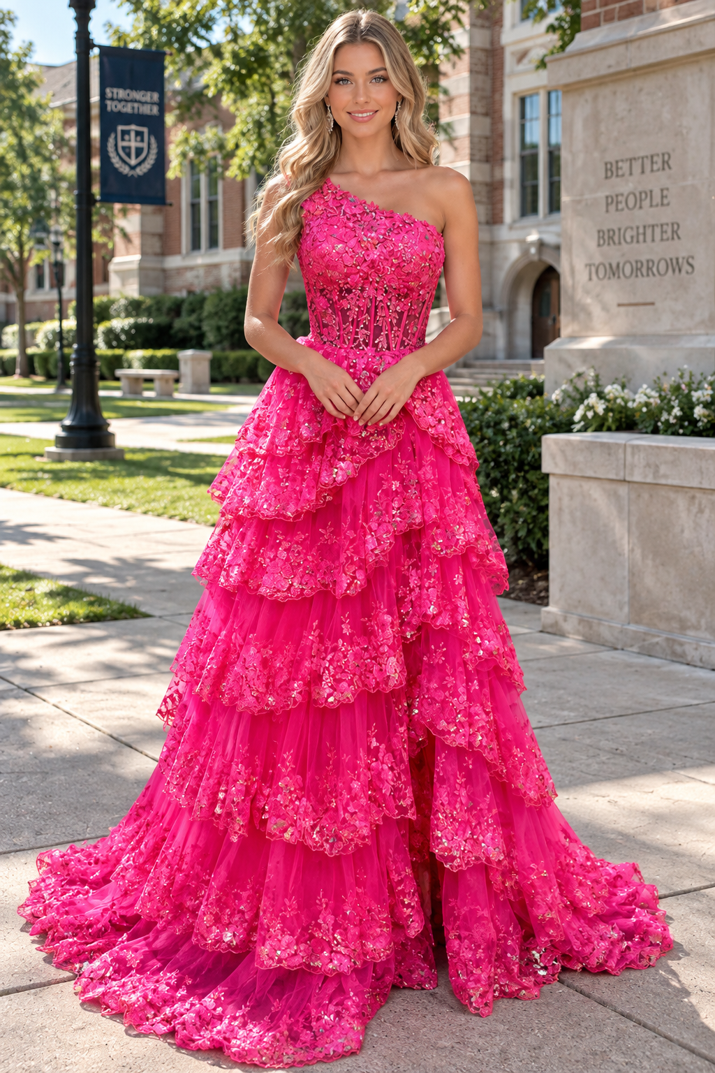 Gold Tulle Sequin One-Shoulder Ruffle Long Prom Dress with Slit