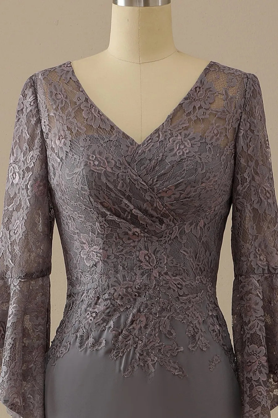 V-neck lace grey long sleeved bridal mother dress