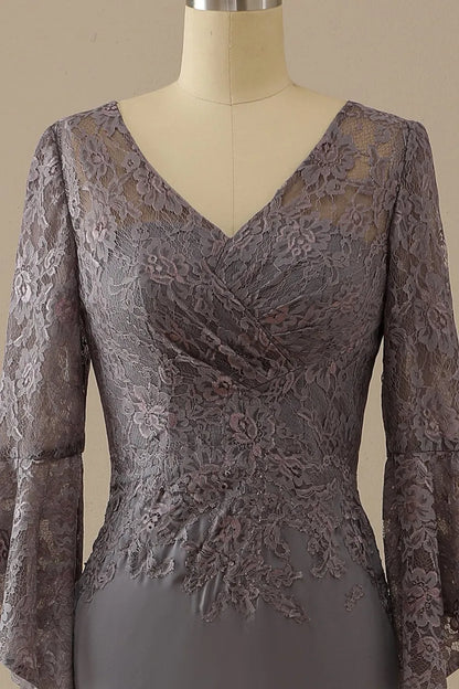 V-neck lace grey long sleeved bridal mother dress