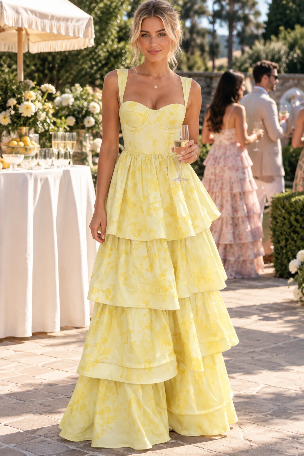 Yellow Printing A-Line Tiered Sleeveless Long Prom Formal Dress