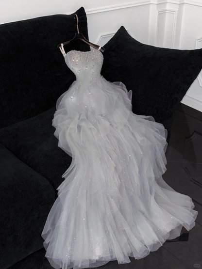 Fashion Sparkling White Beaded Sequin Mermaid Elegant Tulle Evening Dress Prom Dresses HZ1024